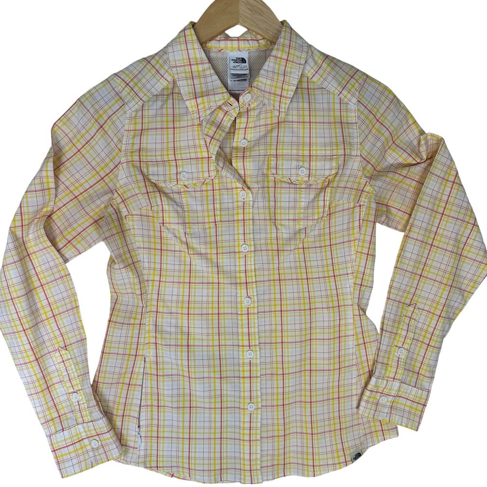 North Face Button Down Long Sleeve Women Medium Yellow Plaid Mesh Vent